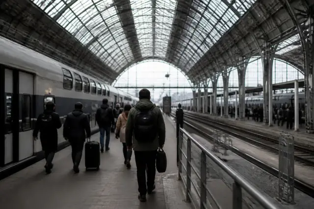 Grand hall de gare vu de loin, quais alignés sous une verrière, voyageurs de dos avec des valises, lumière du jour