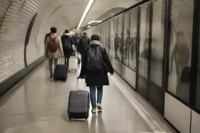 Quai de métro souterrain moderne avec portes palières fermées, voyageurs avec valises attendant de dos, éclairage blanc