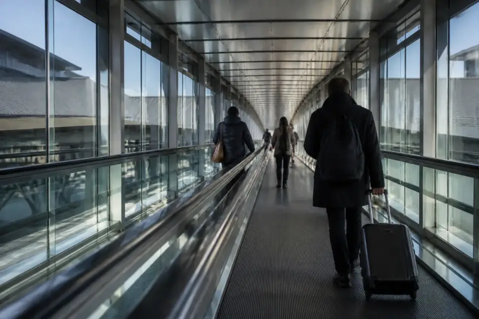Longue galerie couverte et vitrée avec tapis roulants entre deux bâtiments, voyageurs de dos avec bagages, lumière du jour