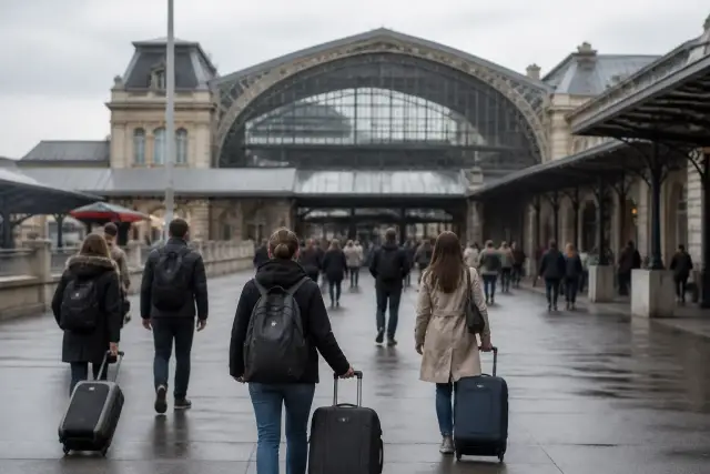Façade de gare en pierre avec grande verrière arrondie, voyageurs de dos devant l’entrée, fin de journée, ciel pâle