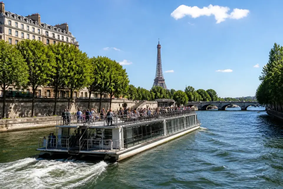 Tour Eiffel, bateau bus à Paris naviguant sur la Seine par une journée ensoleillée