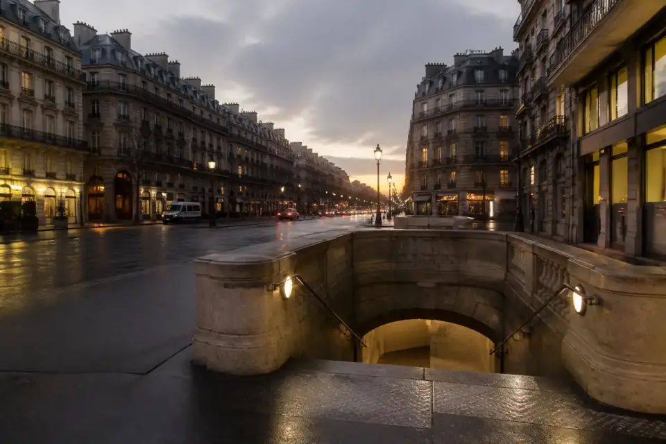 Grand boulevard parisien et entrée de métro au crépuscule