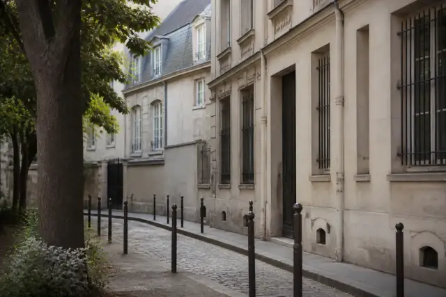 Place pavée et façades de pierre dans un quartier de la rive gauche à Paris