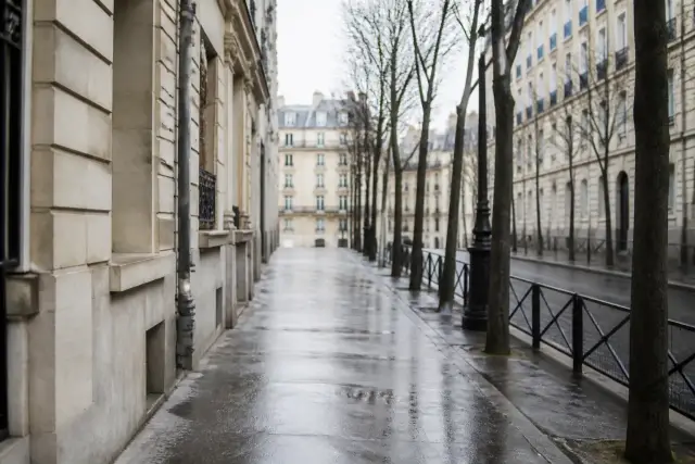 Boulevard parisien bordé d’immeubles de pierre et de commerces