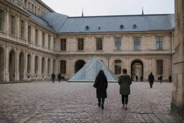 Esplanade pavée devant un grand bâtiment de pierre à ailes symétriques, petite pyramide de verre, visiteurs minuscules de dos, ciel clair
