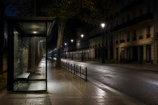 Une rue de ville la nuit, vide, éclairée par des lampadaires, avec un arrêt de bus vitré et des façades sombres, sans personne ni inscription