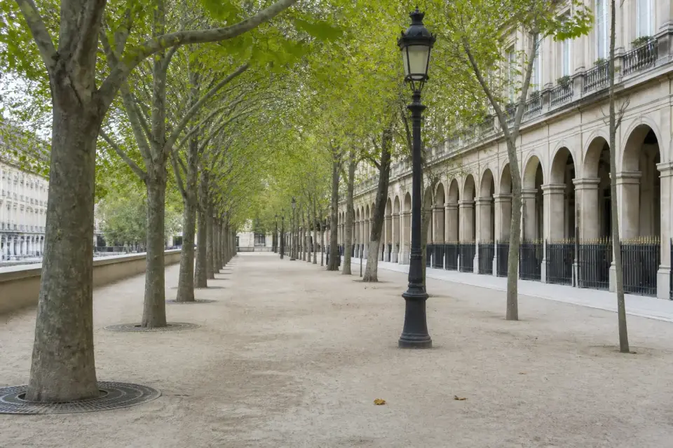 Place carrée bordée d’arcades et de façades régulières, avec allées sous les arbres
