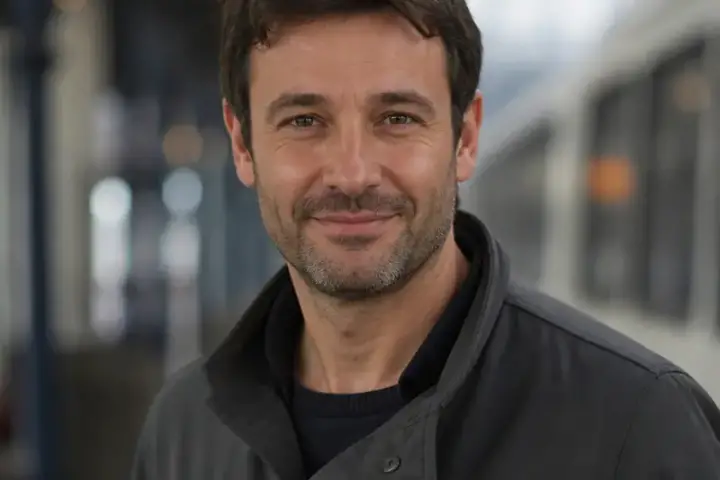 Portrait de Tanguy Brémont, cheveux bruns courts, barbe de trois jours, veste gris anthracite, sourire discret, fond de quai de gare flou